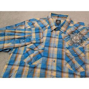 Muskogee‎ Shirt Mens 3XL Blue Plaid Western Embroidered Long Sleeve Pearl Snap
